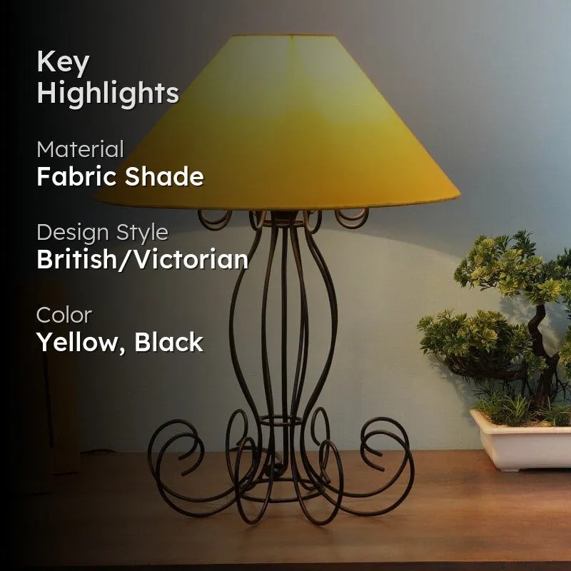 Yellow table lamp with black metal base and key highlights overlay