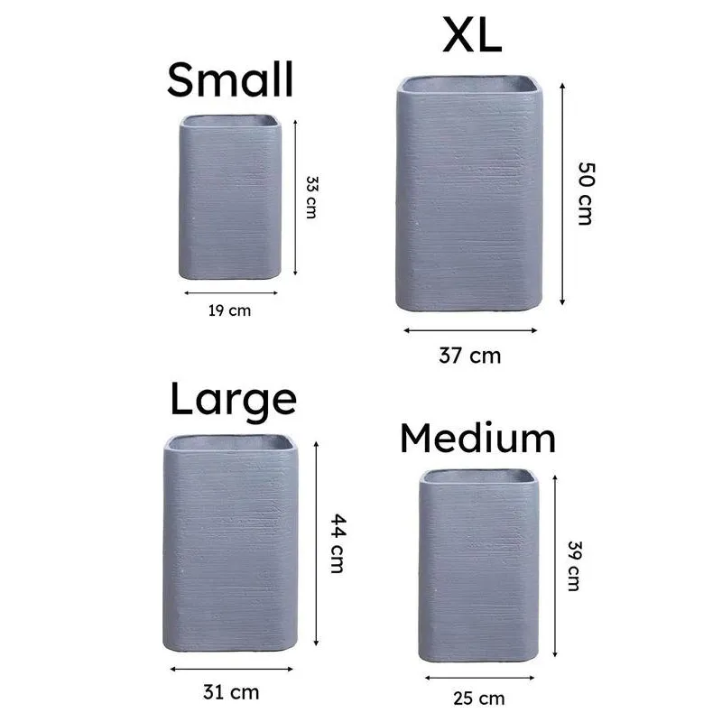 Size comparison of Small, Medium, Large and XL grey planters