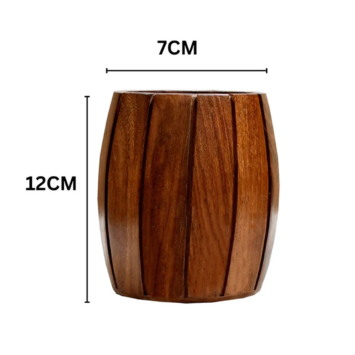Brown wooden holder shown with 7 cm width and 12 cm height