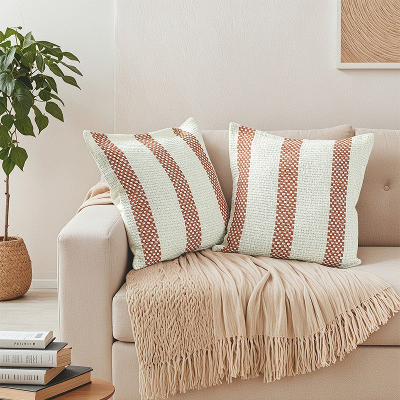 Mysera Charm Cushion Cover (Orange,White) - Set Of Two
