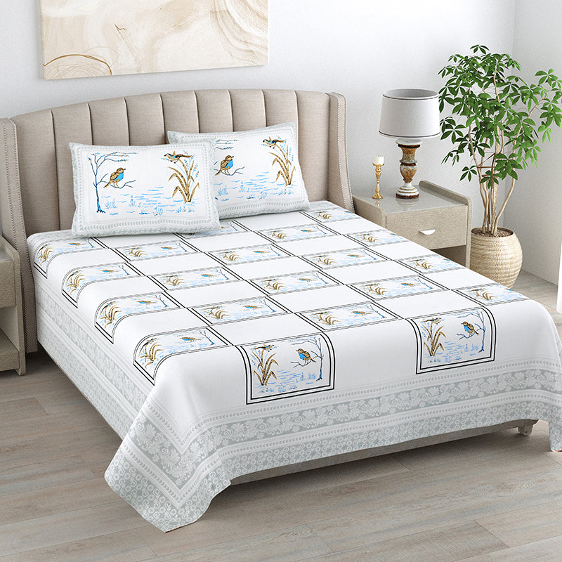 Feather Dreams Cotton Bedsheet (Blue) - 144 TC