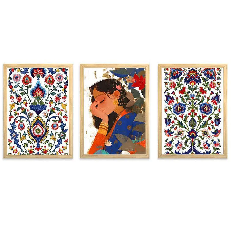 Gul Pari Mughal Paper Wall Art With Frame (Blue) - Set Of Three media 5