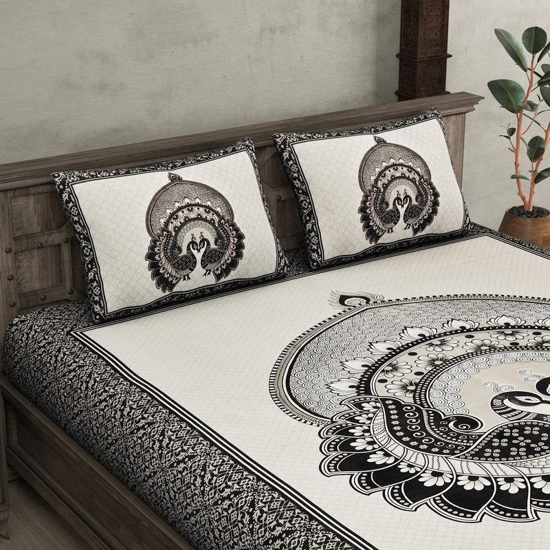 Mayura Ethnic Cotton Bedsheet (White,Black) - 180 TC media 4