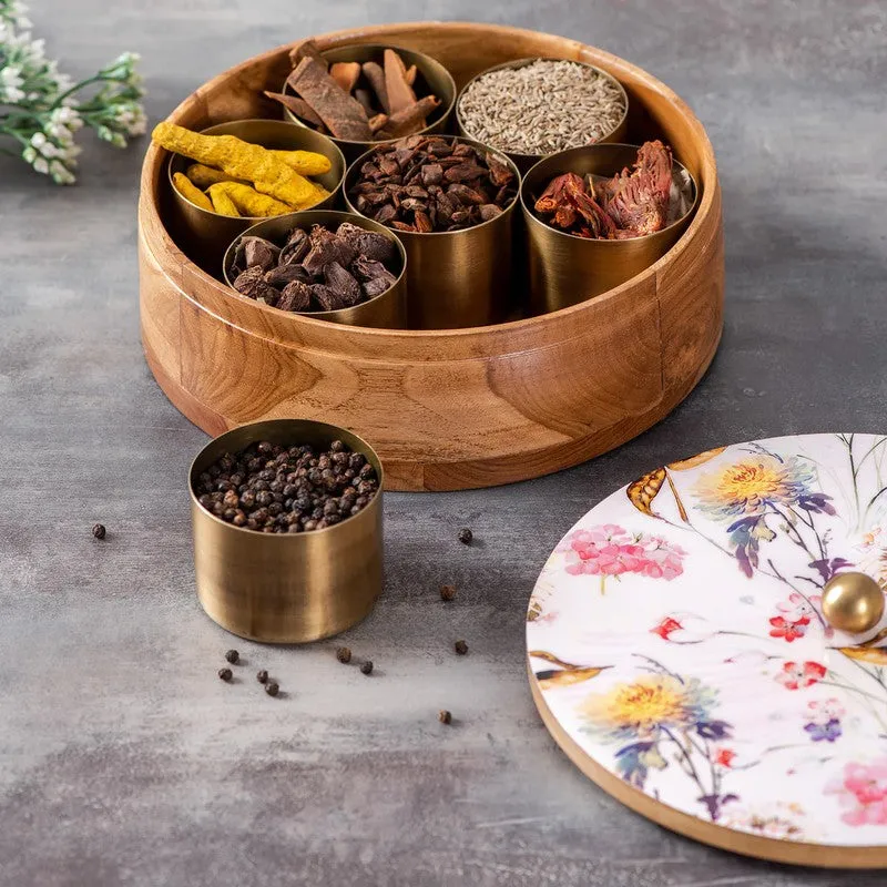 Opulia Teak Wood Round Masala Box - Three Piece Set media 4