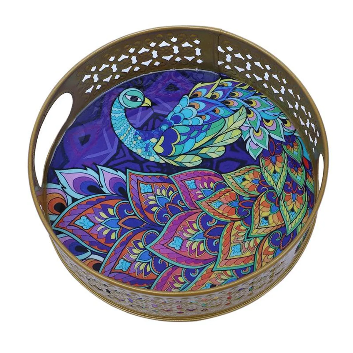 Close-up of the ornate gold tray holding colourful patterned jars