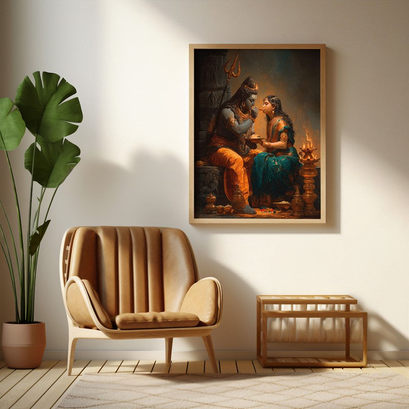 Divine Couple Mahadev and Parvati Blissful Archival Paper Wall Art - Natural Brown Frame