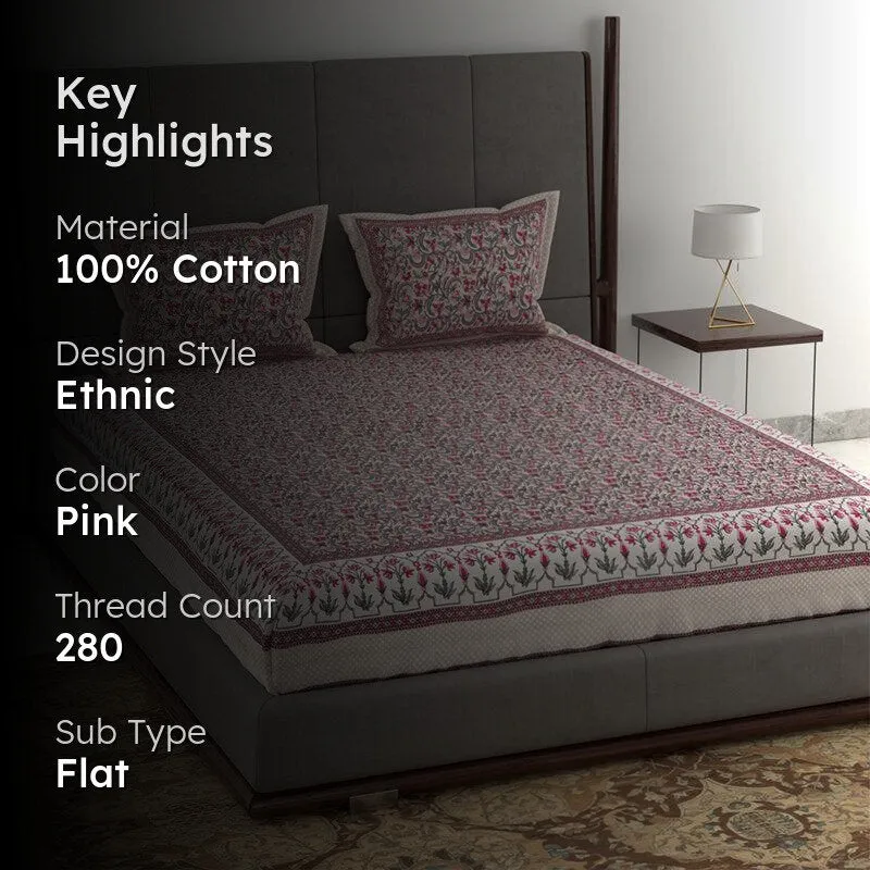 Tridha Printed Cotton Bedsheet (Pink) - 280 TC media 2
