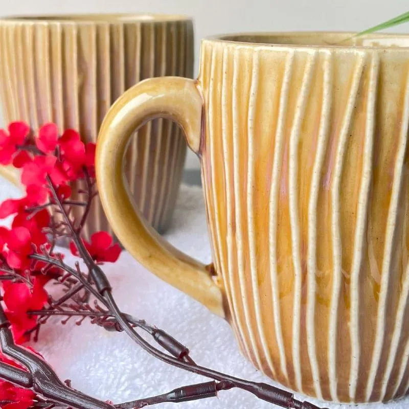 Stripe Ceramic Coffee Mug (300 mL Each/Mustard) - Set of Two media 4