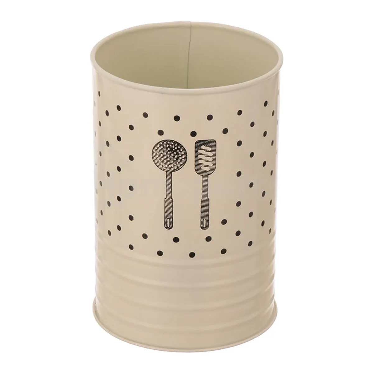 Angled view of the white polka-dot cutlery stand showing its open cylindrical interior