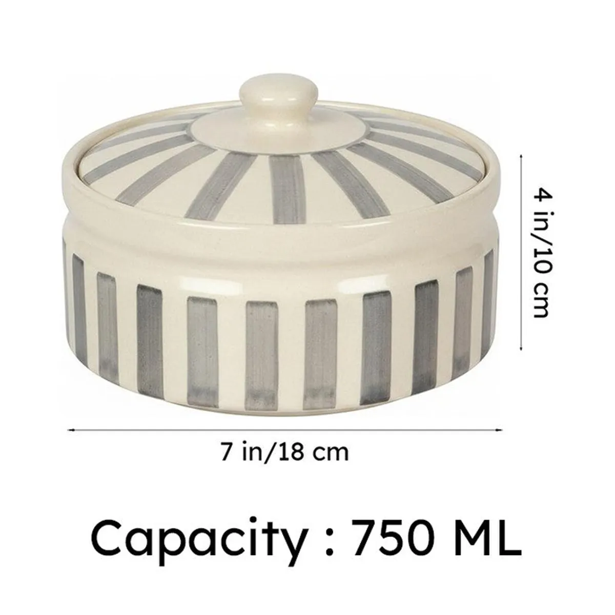 Single grey and white ceramic serving bowl with striped lid and dimension markings