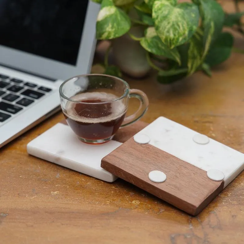 Losa Handmade Square Marble And Wooden Coaster - Set Of Two media 3