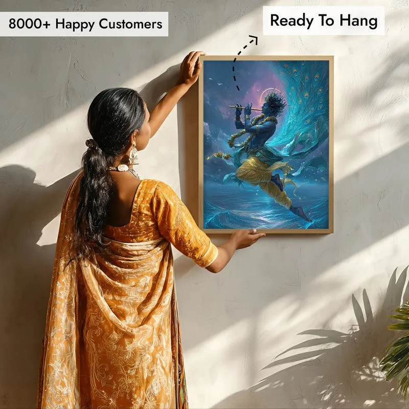 Lord Krishna in Celestial Radiance Archival Paper Wall Art - Natural Brown Frame media 7