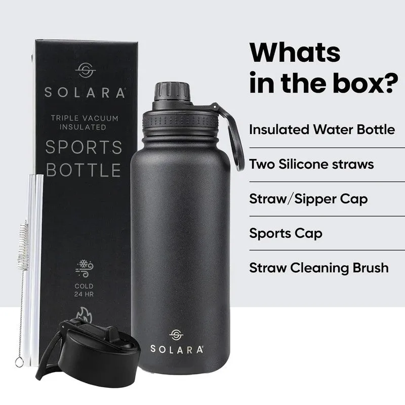 Black Solara bottle with accessories and box on a white background