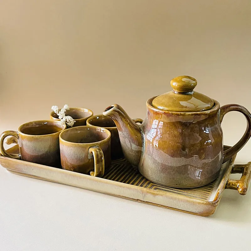 Solace Brew Ceramic Tea Set With Tea Pot & Tray (650 mL/160 mL) - Six Piece Set media 3