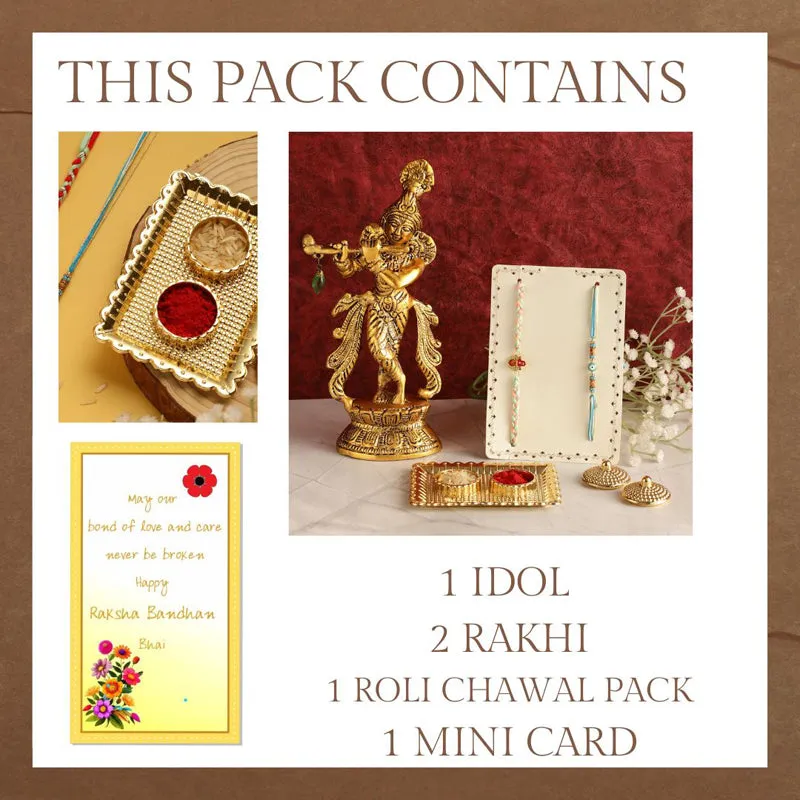 Rakhi hamper display with Krishna idol, two rakhis and festive accessories