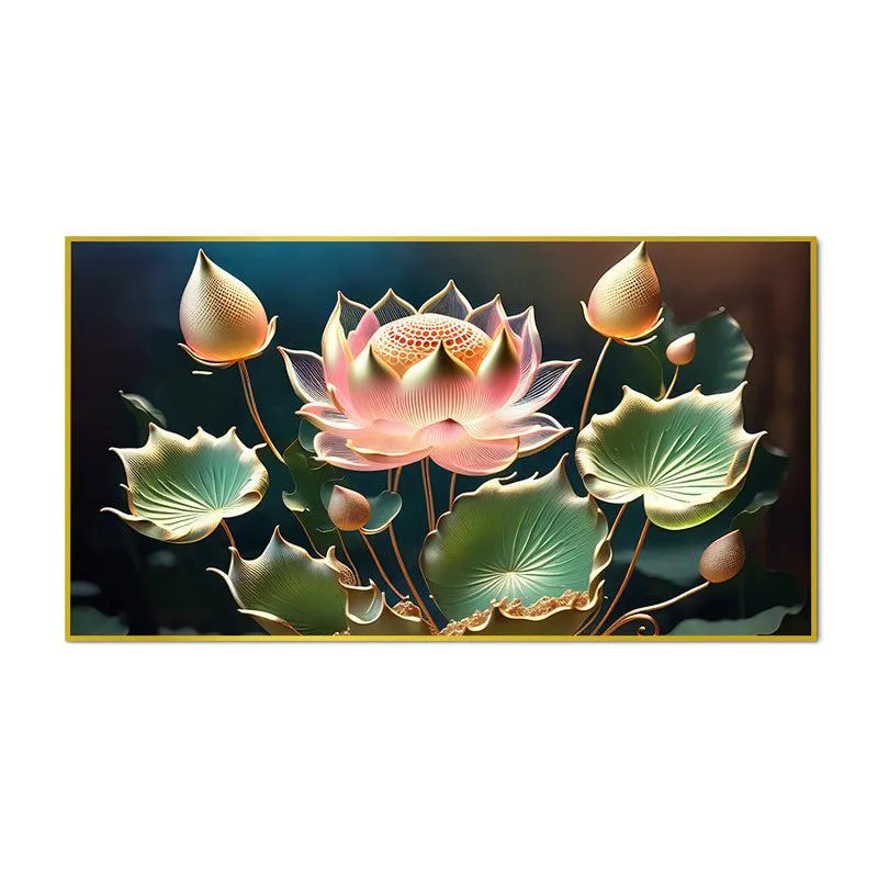 Lotus Of Light Floral Canvas Wall Painting With Frame - Gold media 5