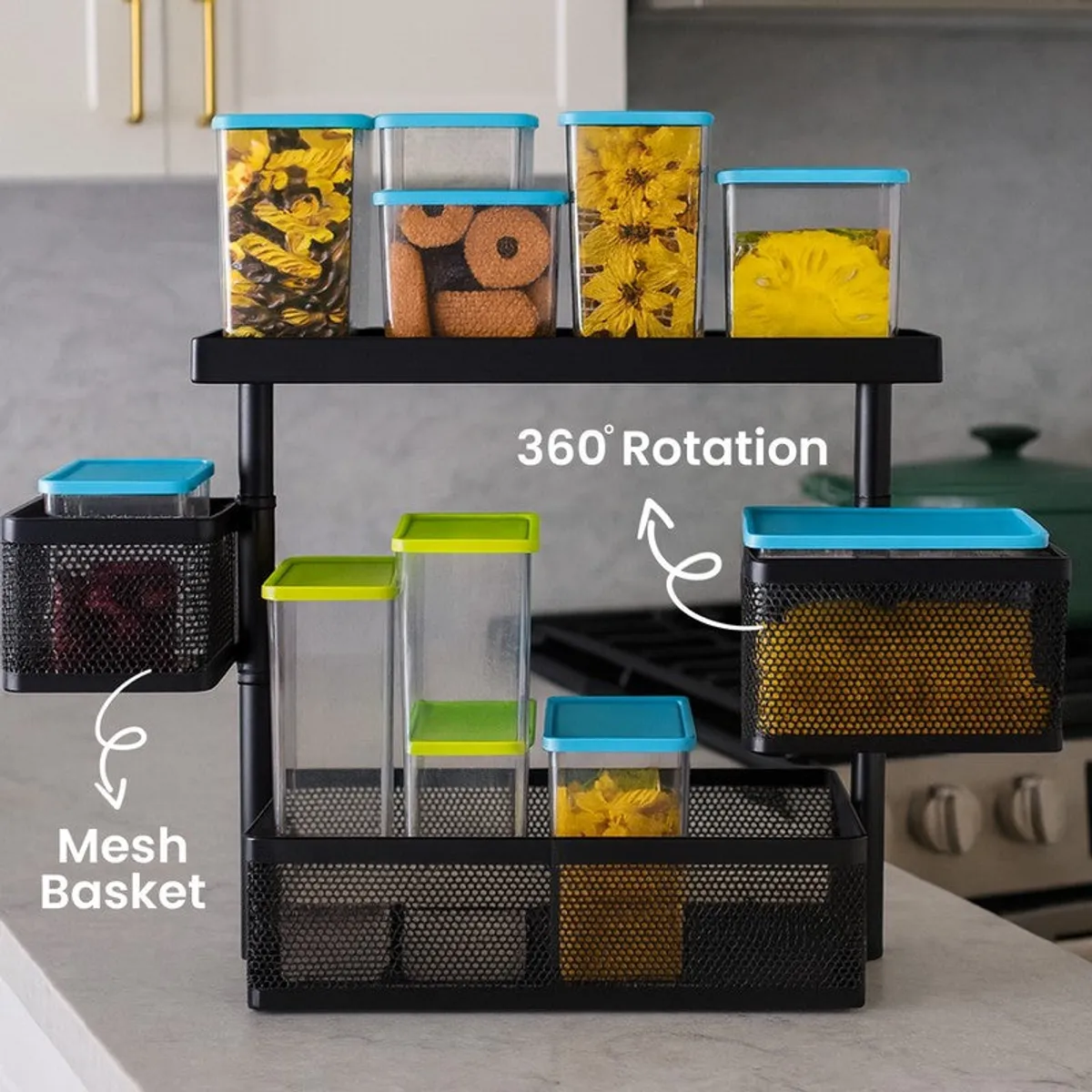 Black countertop rack with mesh baskets holding pantry containers