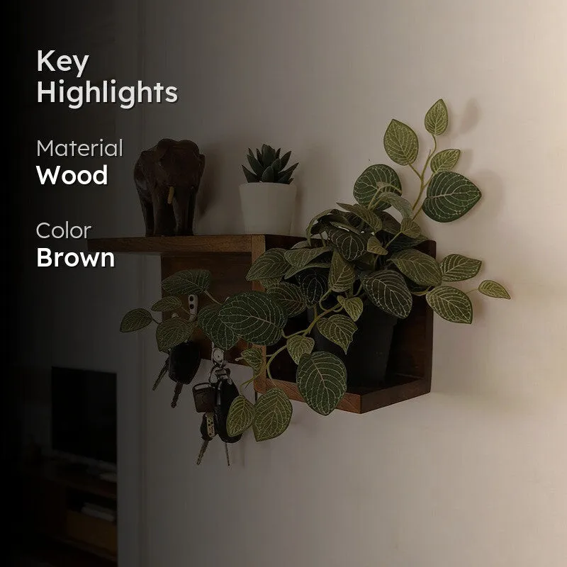 Lifestyle image of the brown wooden organiser with key hooks and a potted plant.