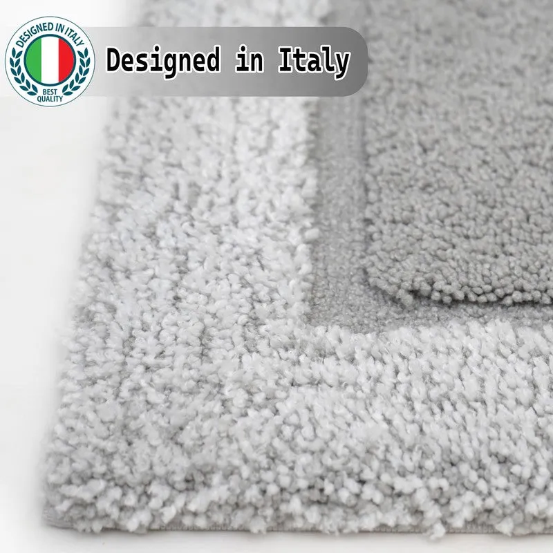 Close-up of the grey and white textured pile of the runner rug