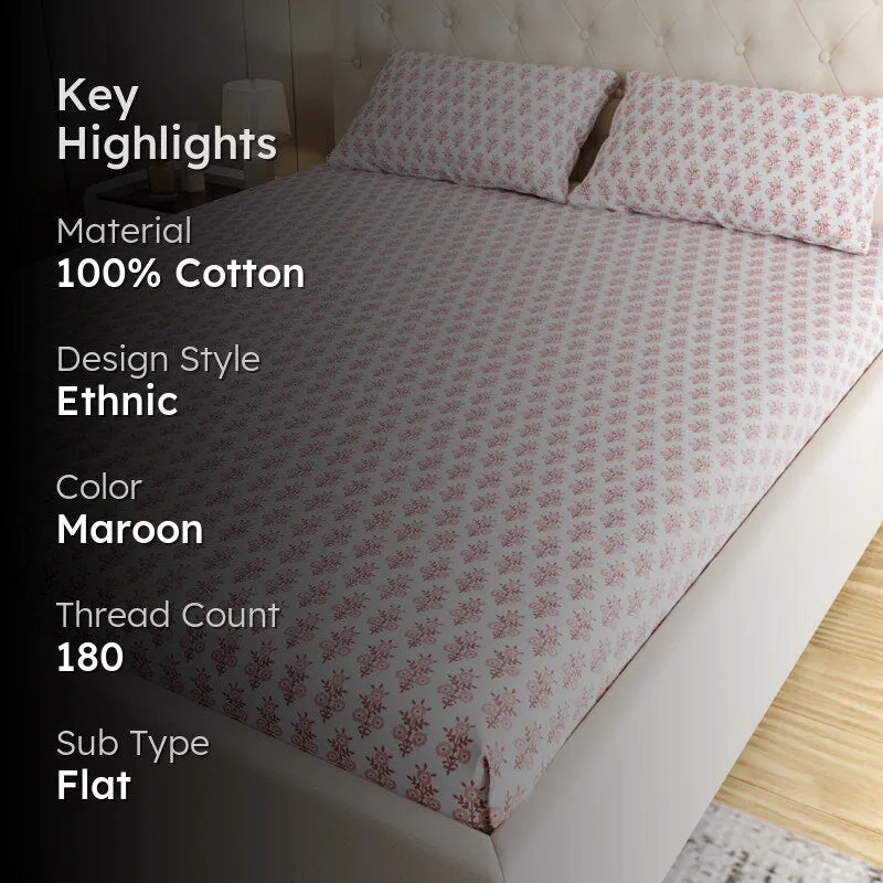 Bloom Ethnic Cotton Bedsheet (Maroon) - 180 TC media 2