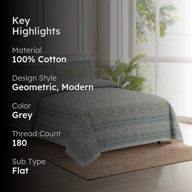 Seijun Mural Cotton Bedsheet (Grey) - 180 TC media 2