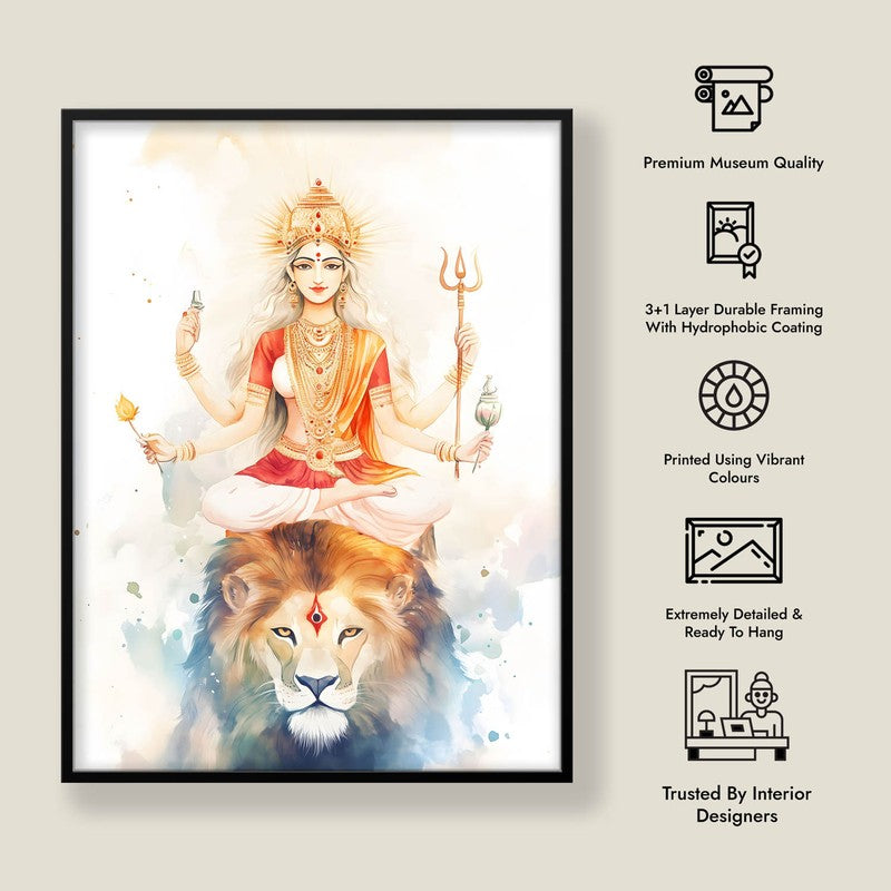Mahishasura Mardhini Spiritual Archival Paper Wall Painting With Frame - Black media 8