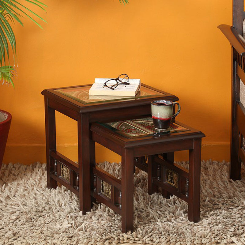 Myna Teak Wood Nesting Stools - Set of Two
