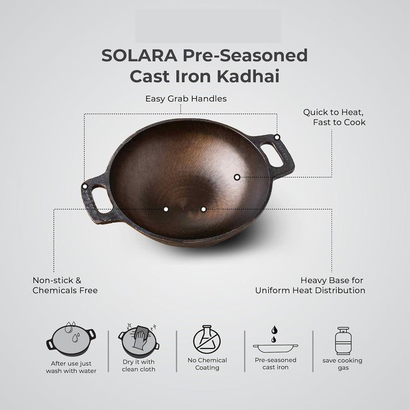 Solara Brewora Cast Iron Kadhai Without Lid - 1700 mL/8 Inch media 8