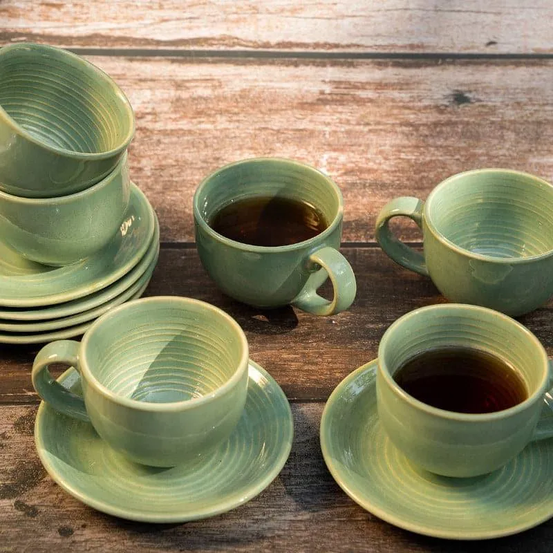 Pinecrest Green Ceramic Tea Cup & Saucer Set - Elegant Set of Six media 3