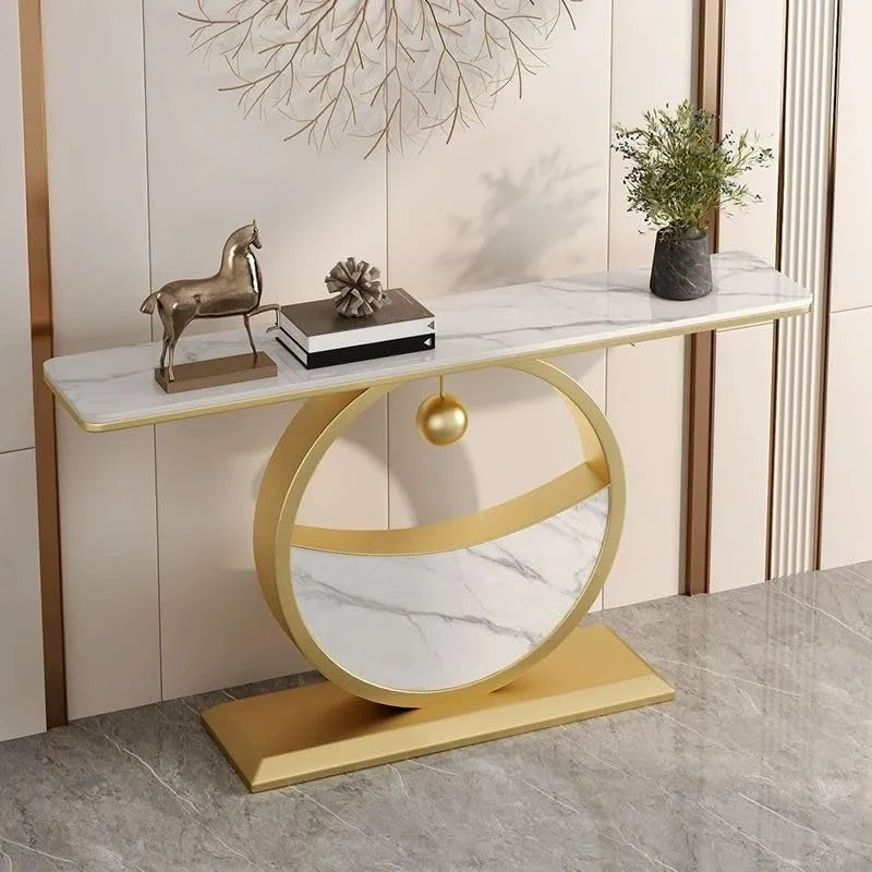 Circular Metal Console Table with Marble Top - Large media 1