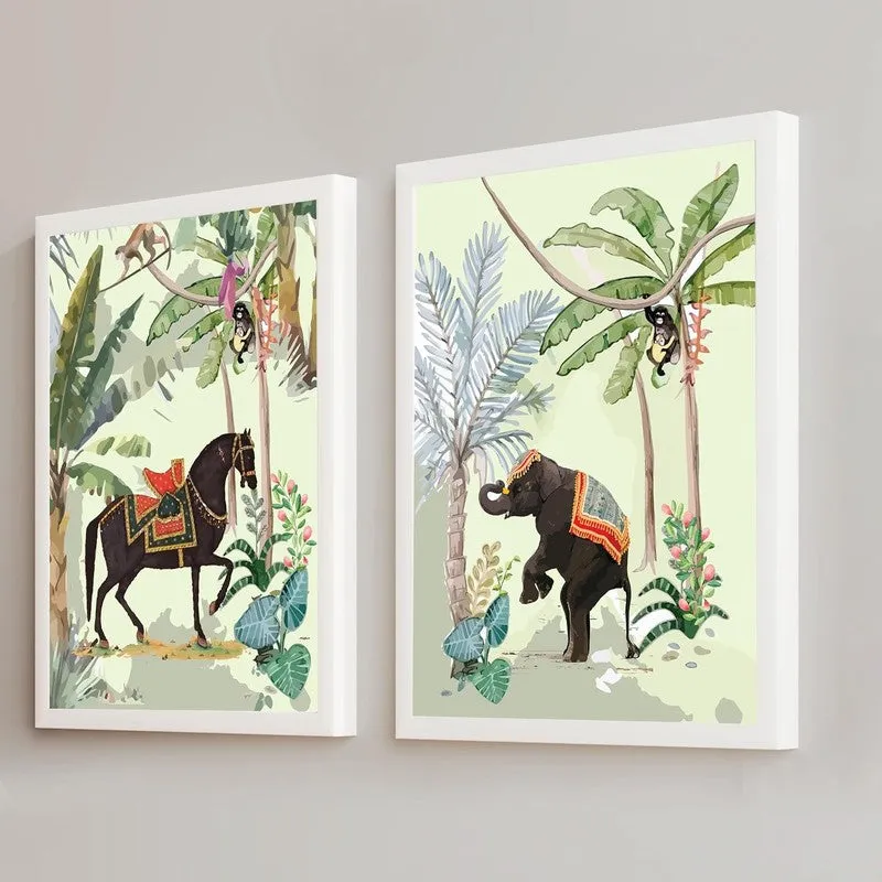 Jungle Greens Paper Wall Painting With MDF Frame - Set Of Two media 4