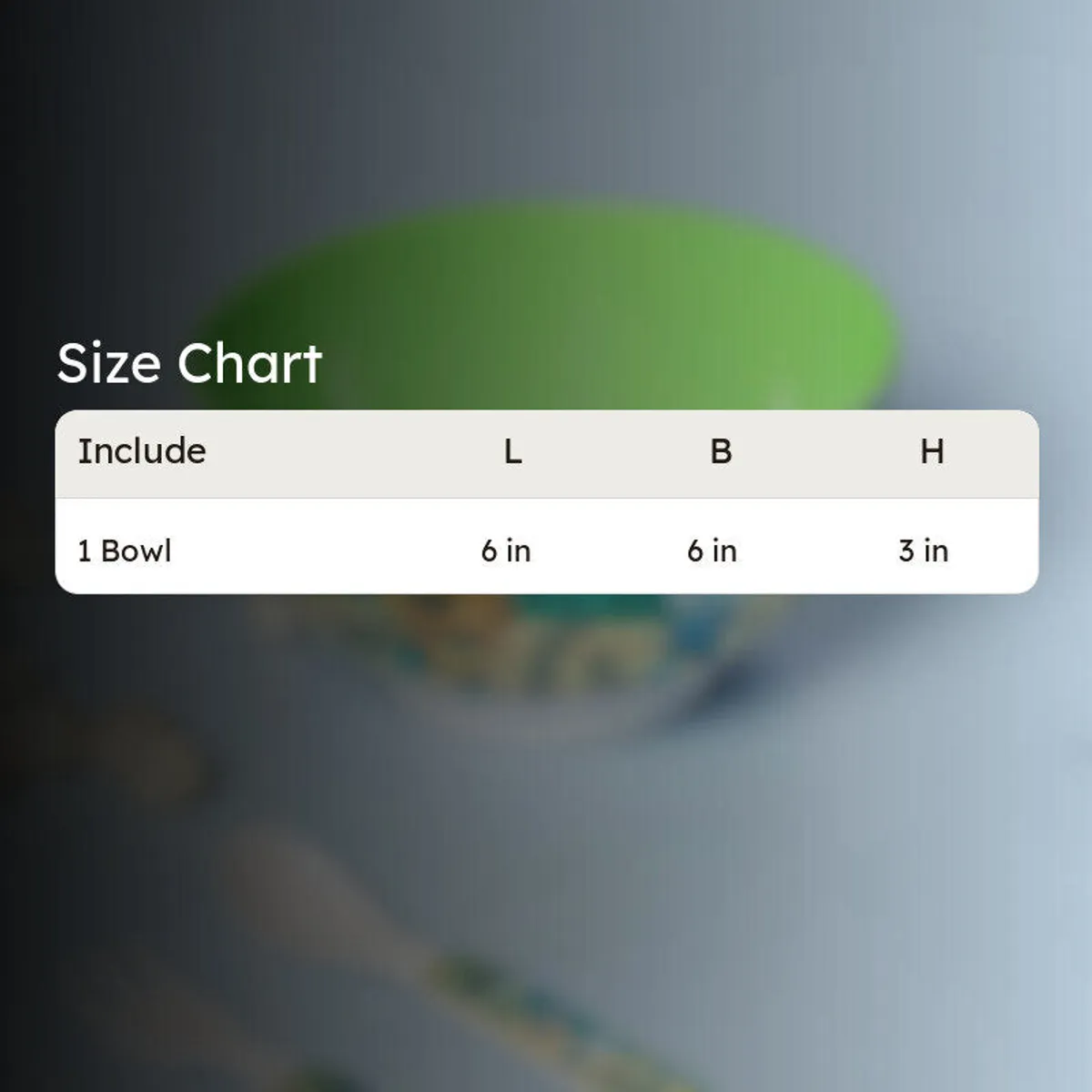 Size chart graphic for the green snack bowl