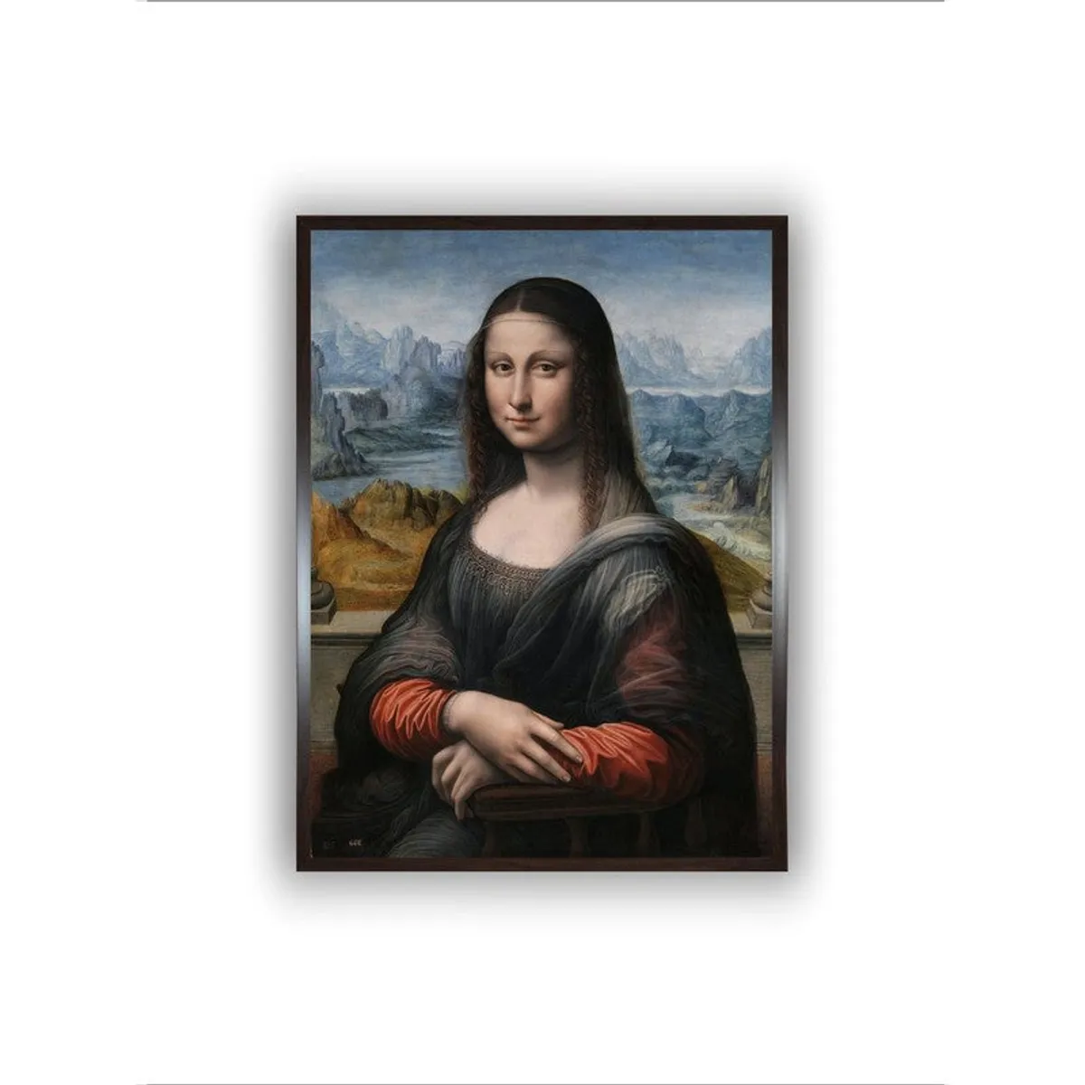 Front view of a framed Mona Lisa canvas painting on a white background