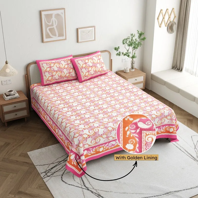 Mango Muse Cotton Bedsheet (White,Pink) - 180 GSM media 1