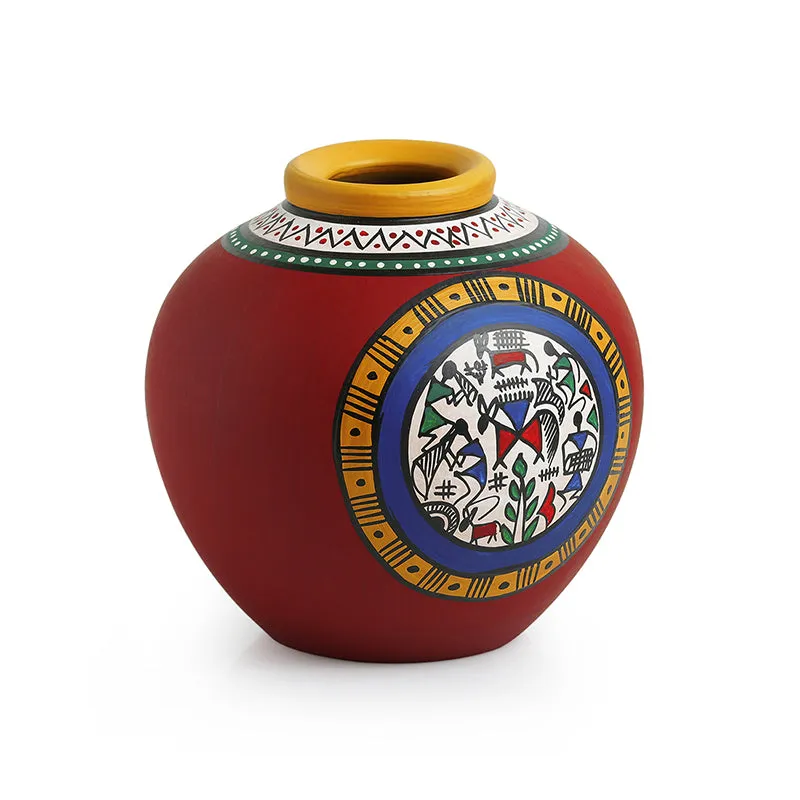Gulaal Warli Handpainted Round Terracotta Vase media 3