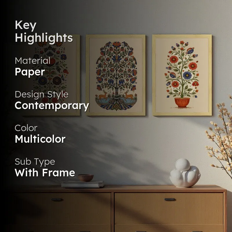 Indian Folk Floral Paper Wall Painting With Frame - Set Of Three media 2