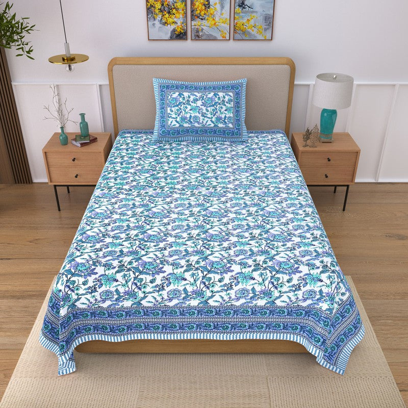 Linex Floral Cotton Bedsheet (Blue) - 240 TC