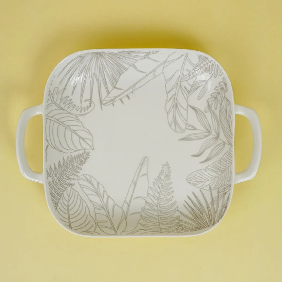 Square porcelain platter with grey botanical pattern and glossy finish