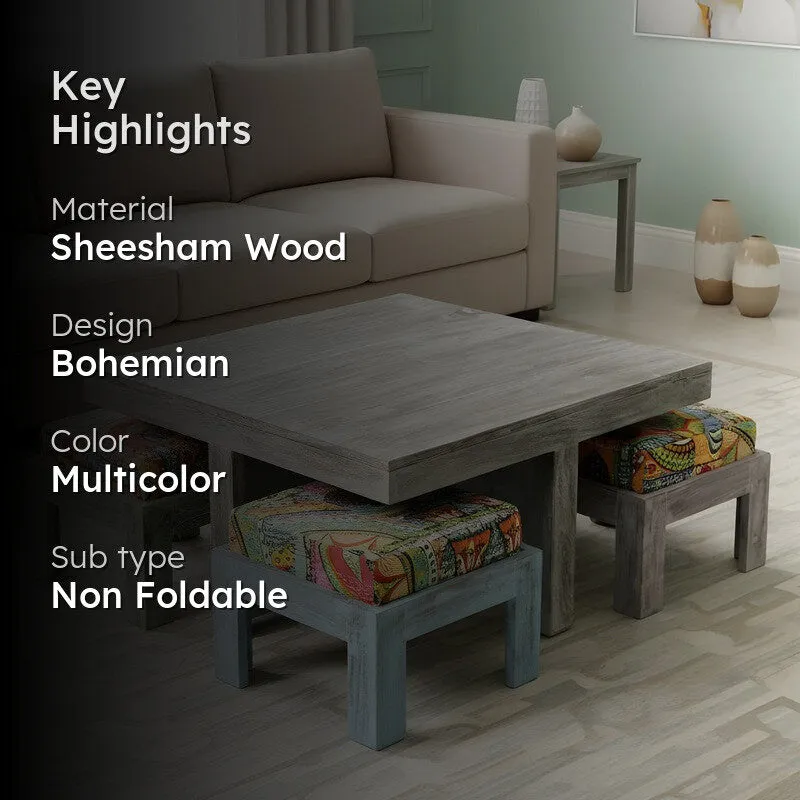 Fervon Sheesham Wooden Center Table with Stools and Cushions (Multicolor) - Nine Piece Set media 2