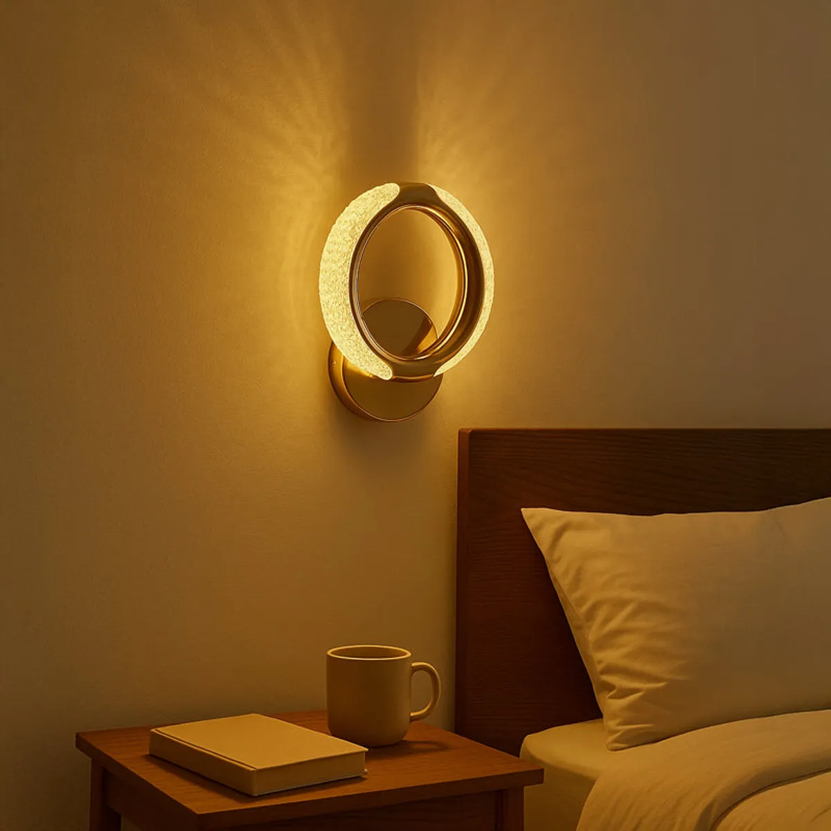 Gold wall lamp glowing above a bedside table in a warm-toned bedroom