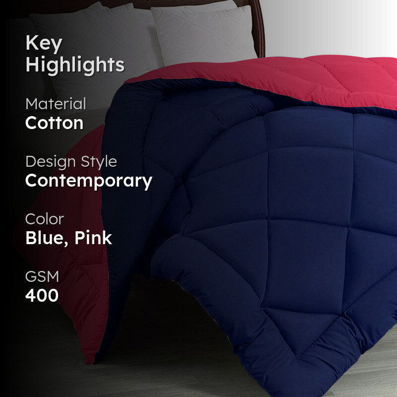 Wide Checkered Dual Color Cotton Comforter (Blue, Pink)  - 400 GSM media 2