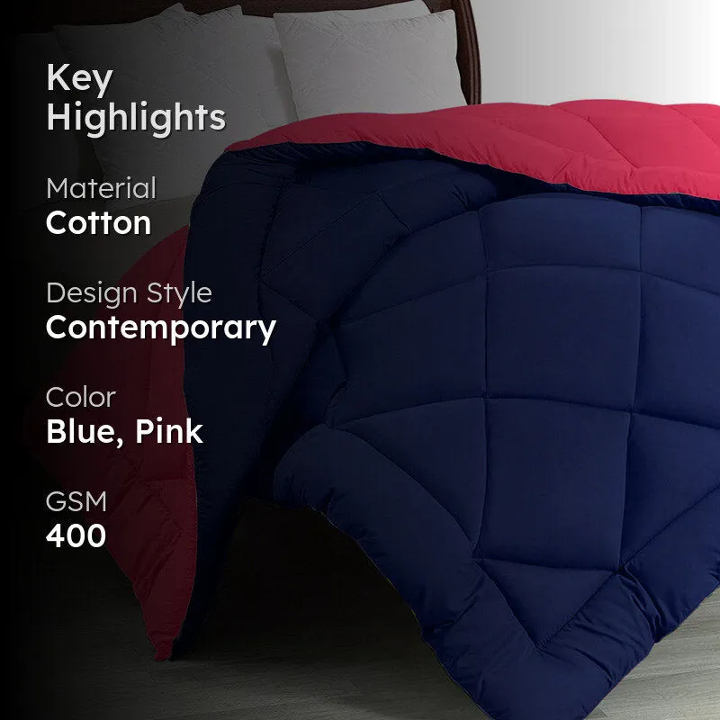 Wide Checkered Dual Color Cotton Comforter (Blue, Pink) - 400 GSM media 2