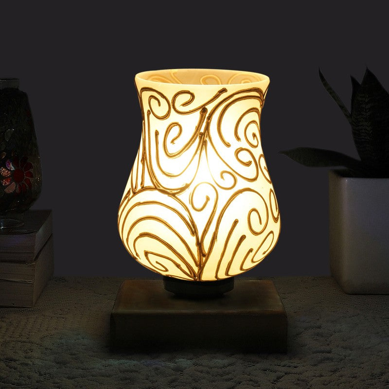Aurion Mosaic Glass Table Lamp With Wooden Base - White & Gold