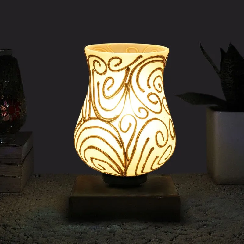 Aurion Mosaic Glass Table Lamp With Wooden Base - White & Gold media 1