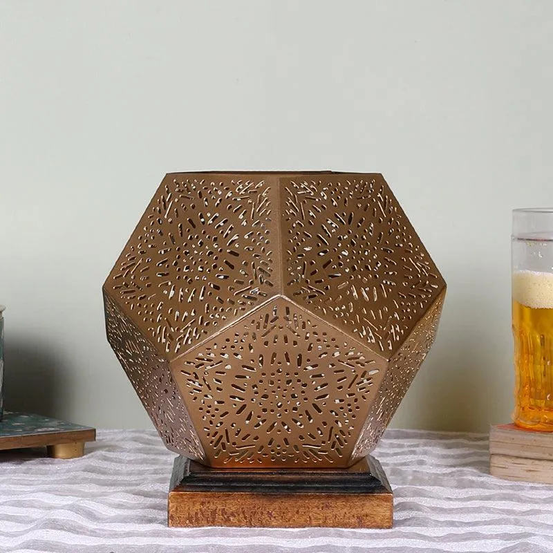 Hexa Flora Etched Metal Table Lamp With Brown Base - Gold media 3