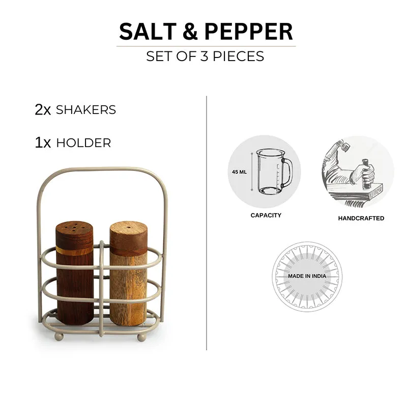 Salero Wood Salt & Pepper Shaker With Iron Holder (45 mL) - Three Piece Set media 6
