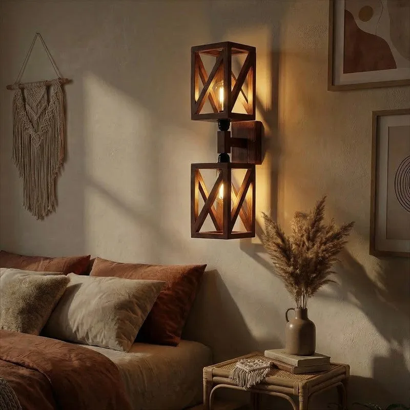 Twin StripeAxis Wooden Wall Lamp - Brown media 1