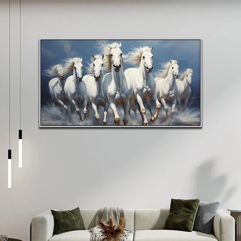 Galloping Palominos Canvas Wall Painting With Frame - White media 5