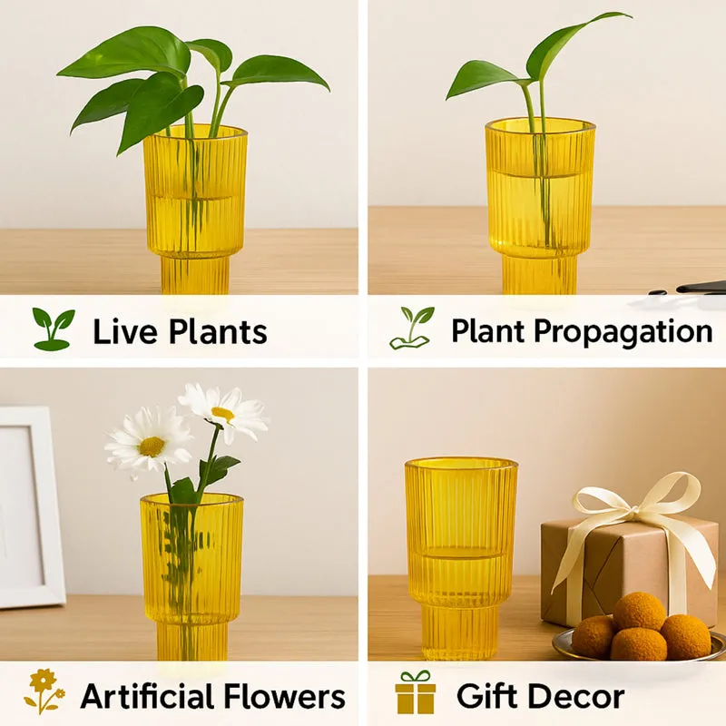Collage showing yellow ribbed vase styled with plants and flowers