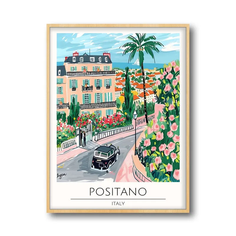 Vintage Positano Framed Canvas Archival Canvas Wall Painting - Natural Brown Frame media 5
